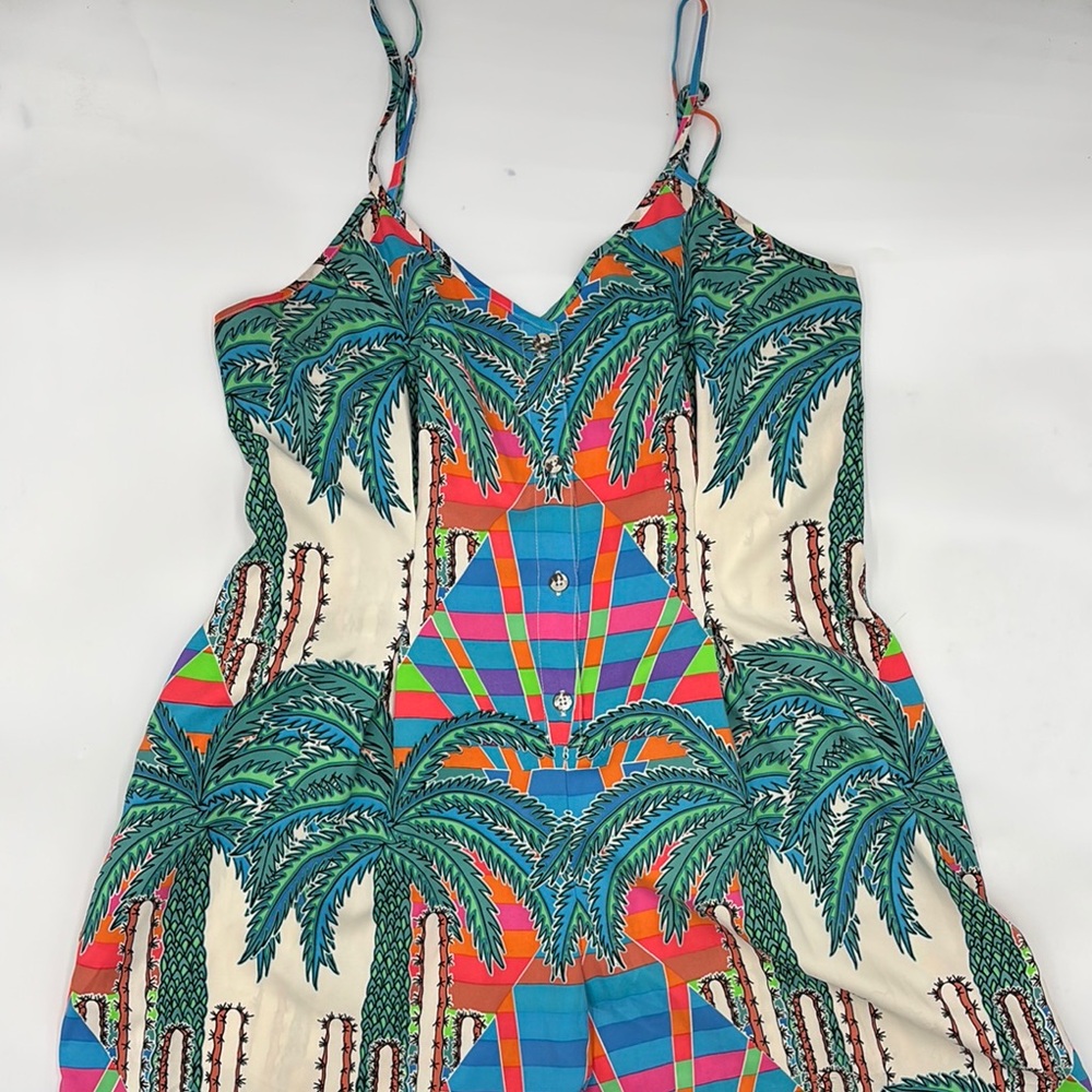 Mara Hoffman White & Multicolor Palm Tree, Cactus, and Colorblock Print Romper